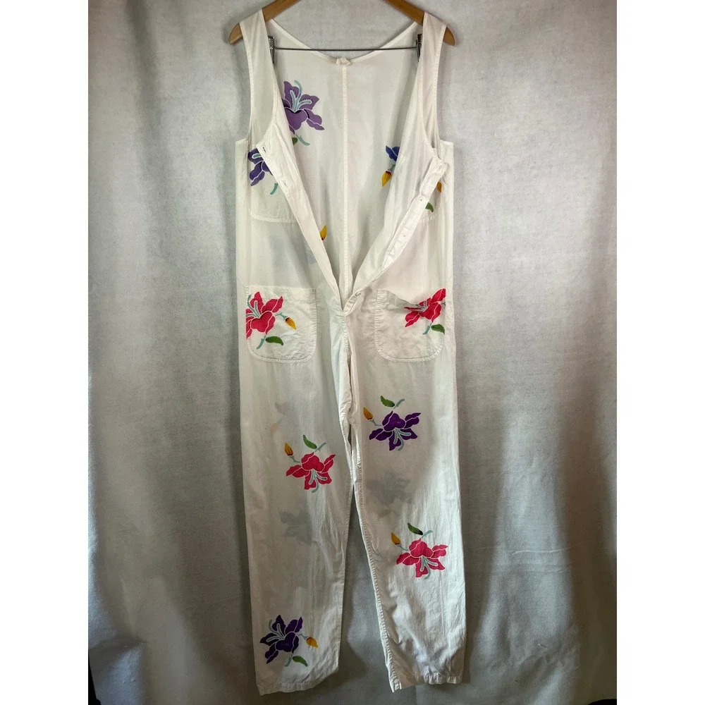 Vintage Sleeveless White Cotton Jumpsuit Button Bodice Pockets Bohemian Artisan